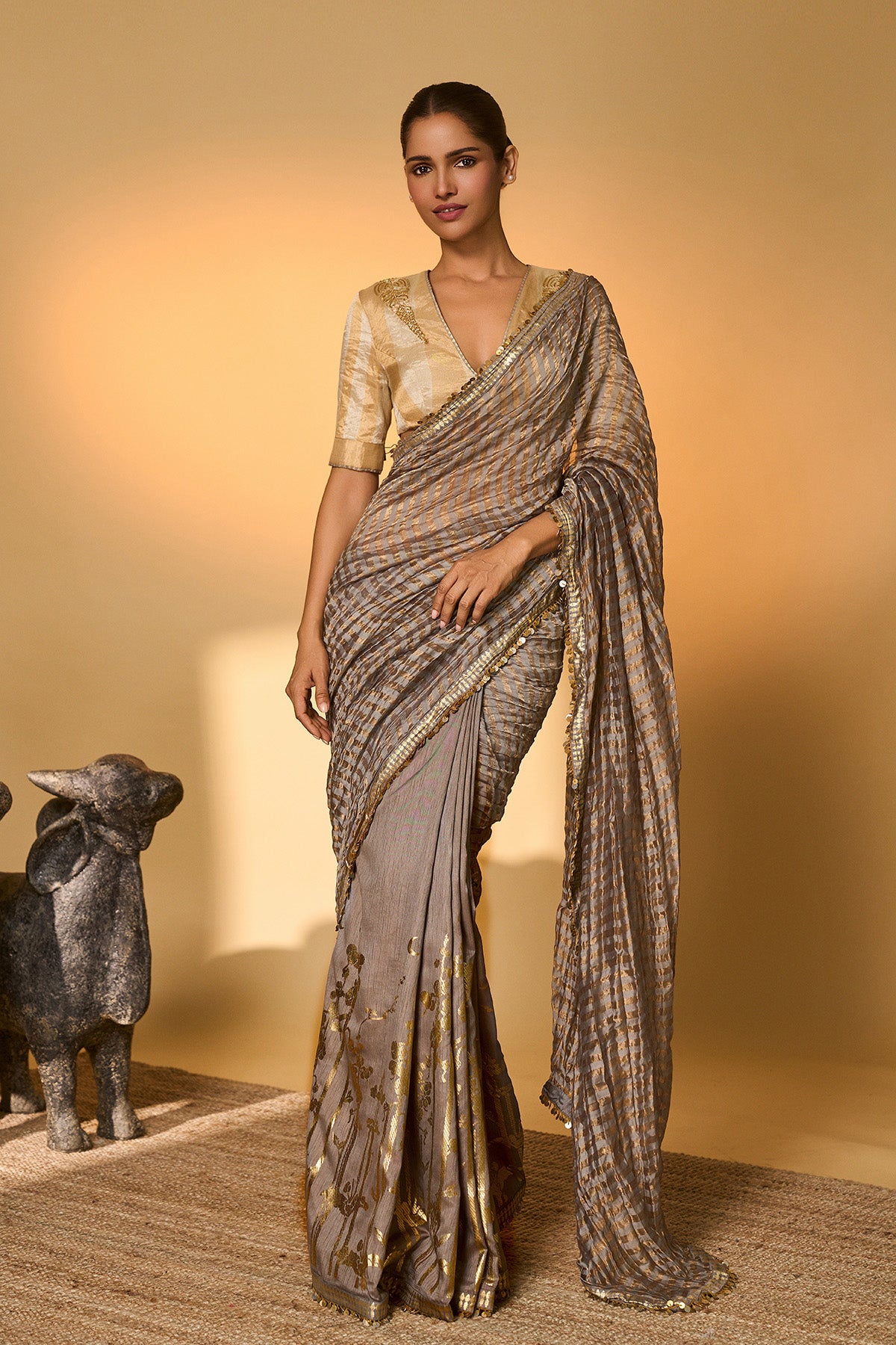 Grey Moonfield Zari Stripes Saree
