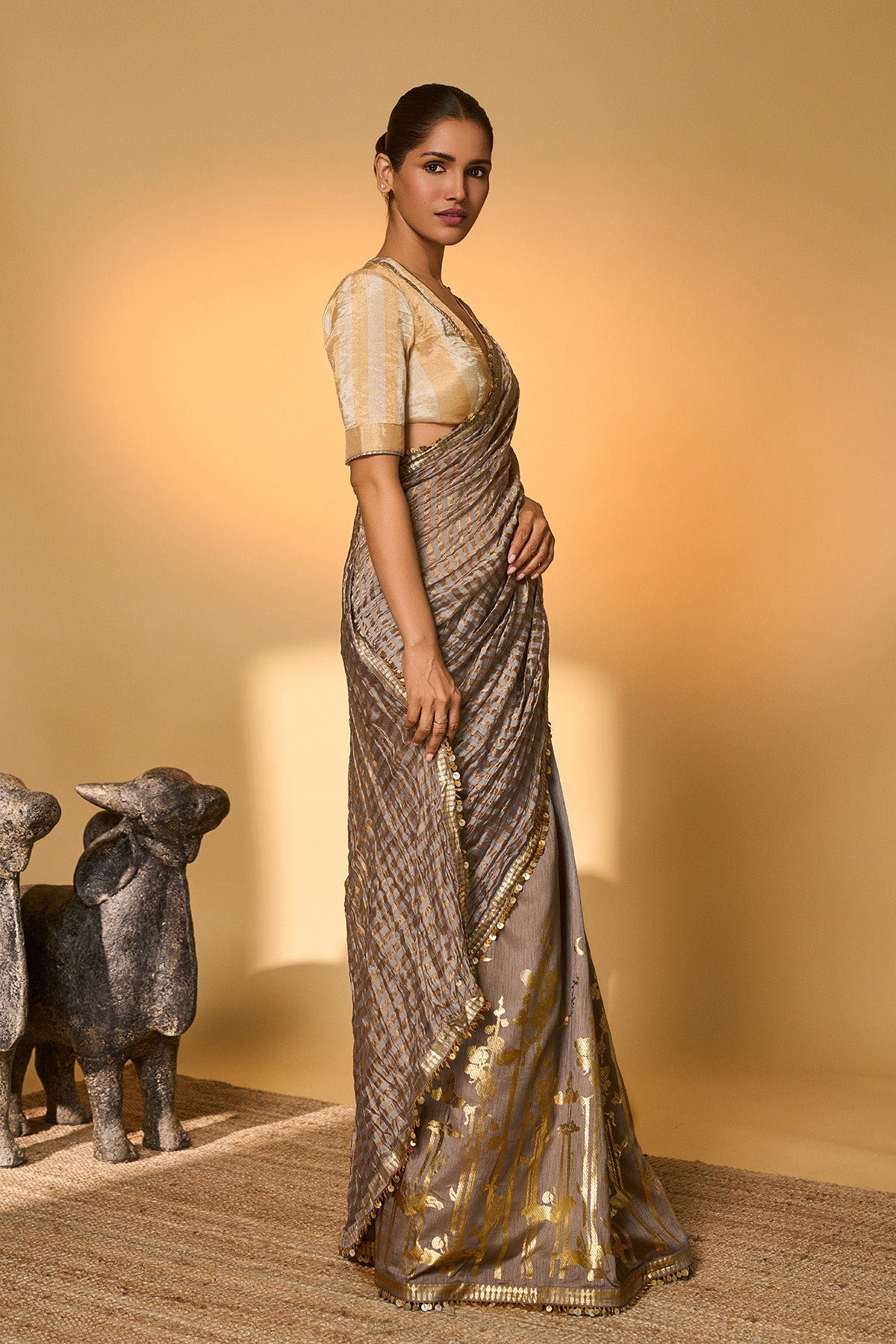 Grey Moonfield Zari Stripes Saree