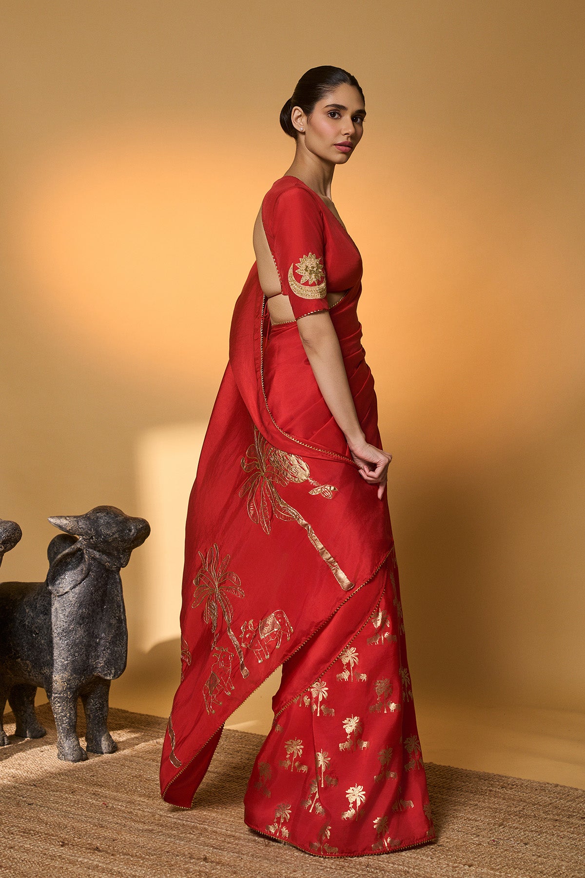 Red Tropical Nandi Saree