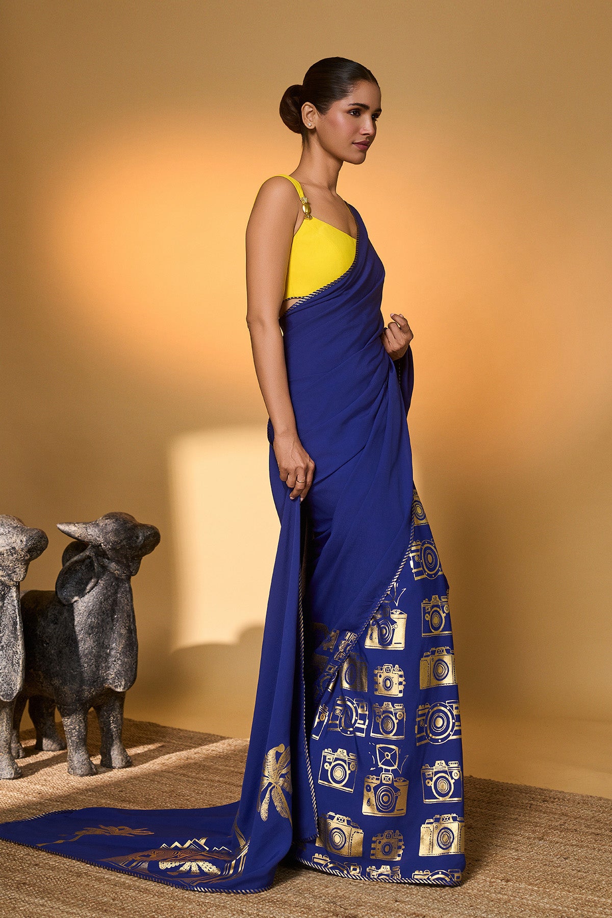 Electric Blue Tropical Camera Saree