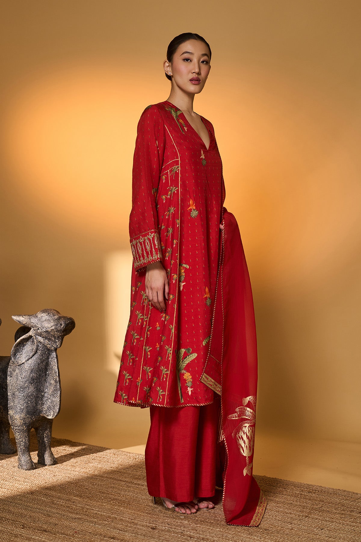 Red Tropical Anarkali Set
