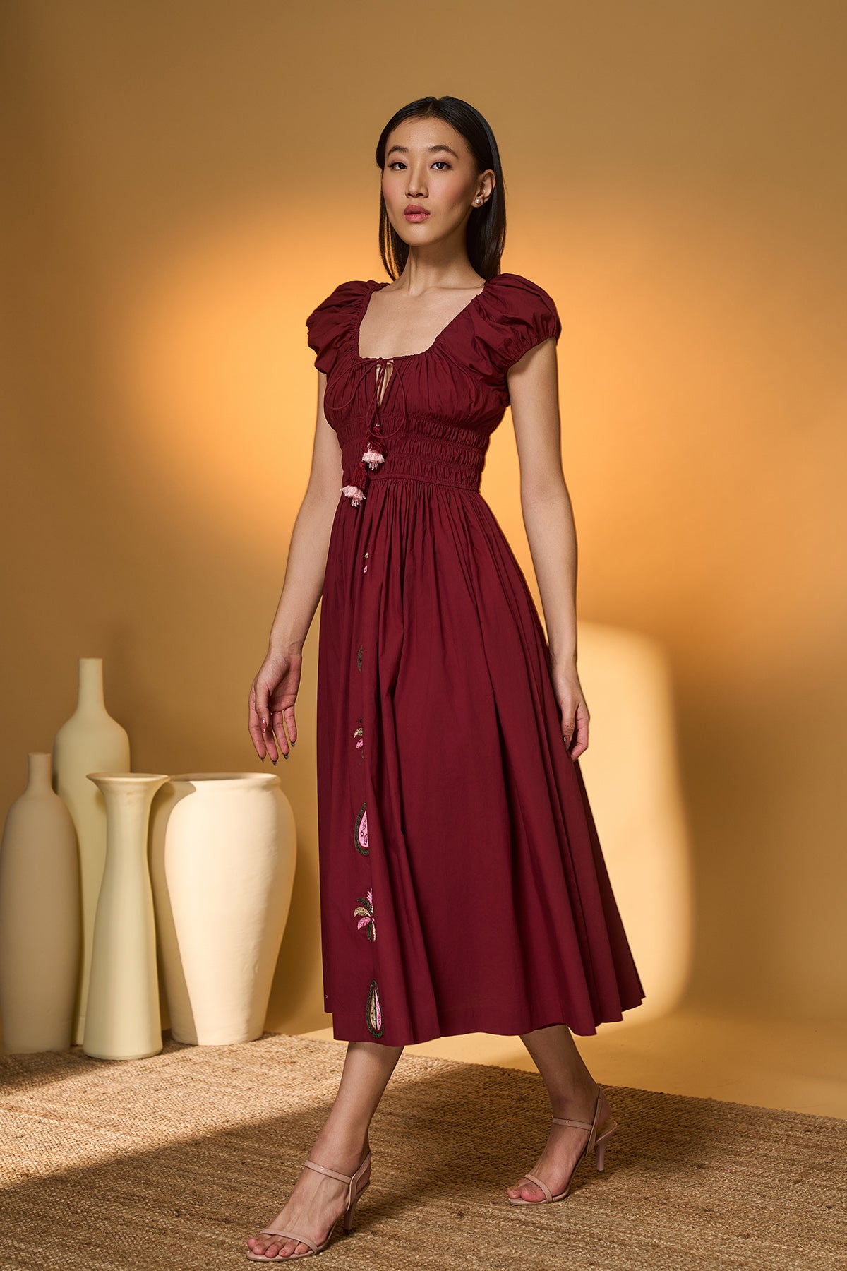 Maroon Smocked Midi Dress