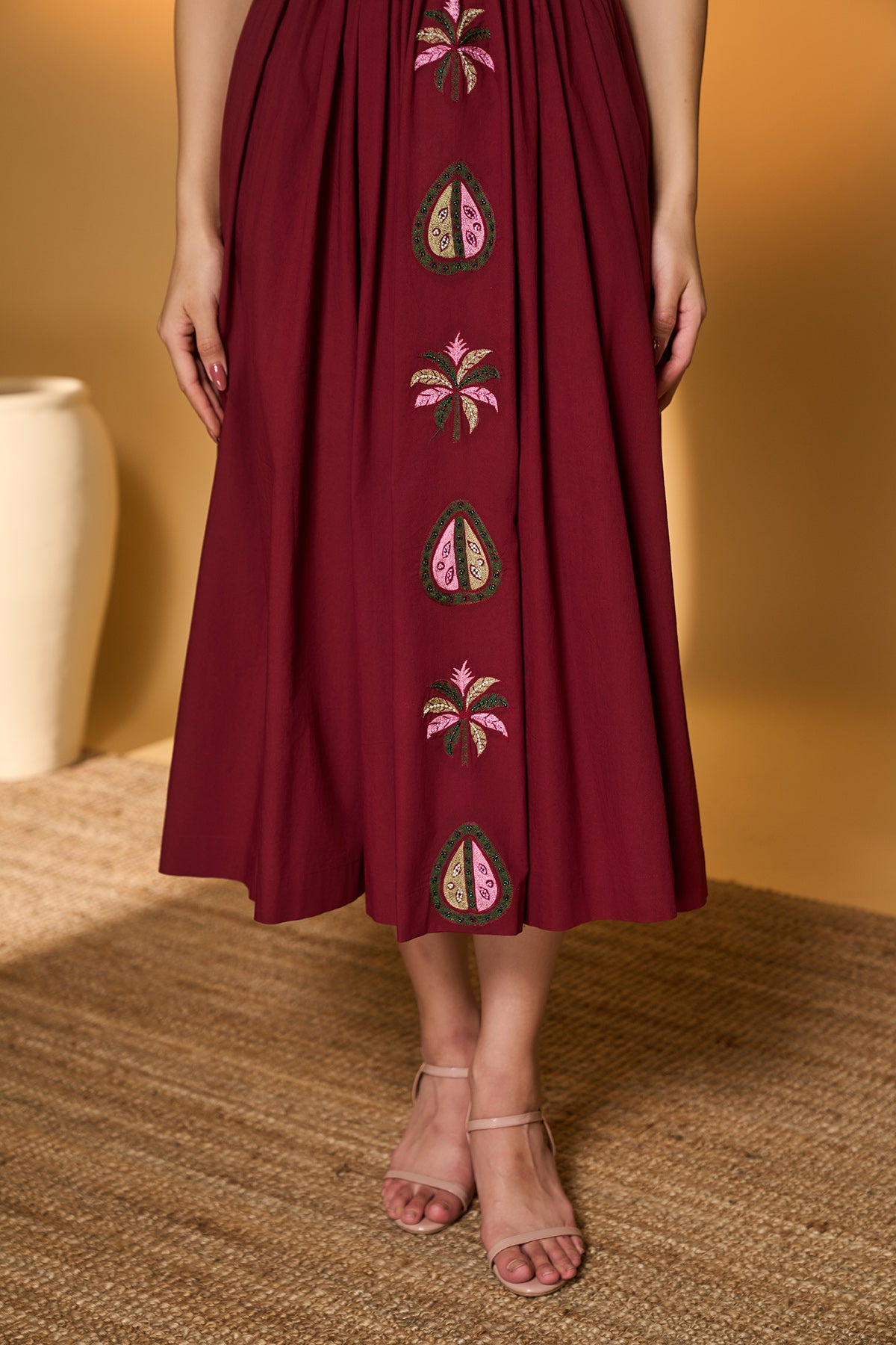 Maroon Smocked Midi Dress