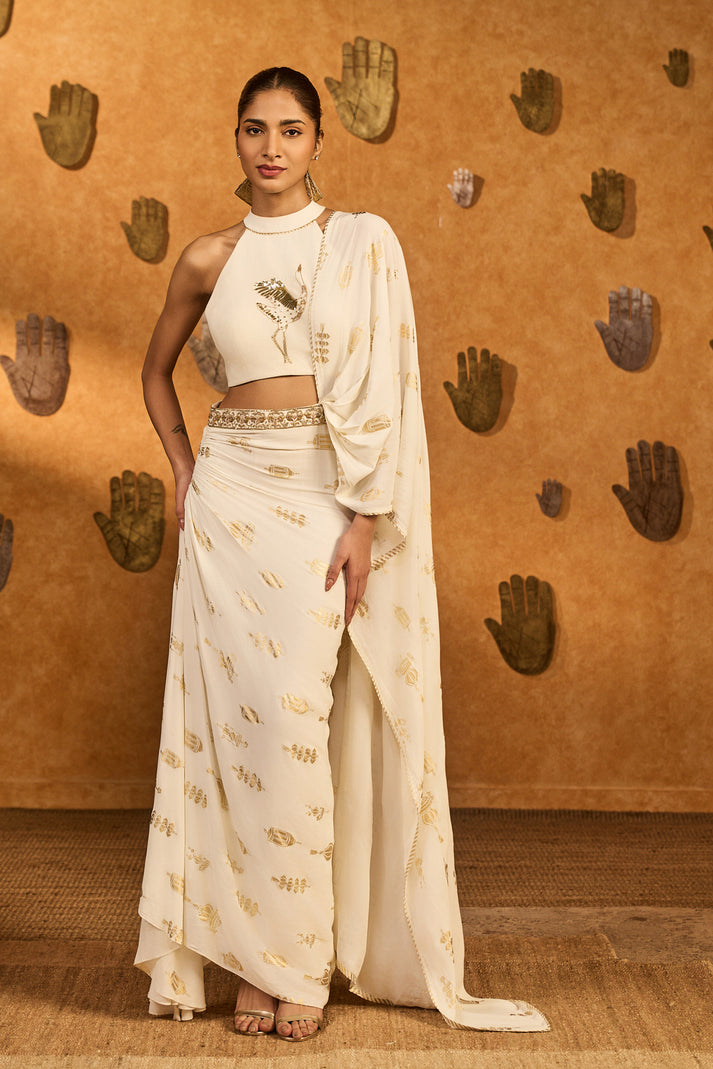 Ivory Soft Lantern Sticthed Saree - Ready to Ship