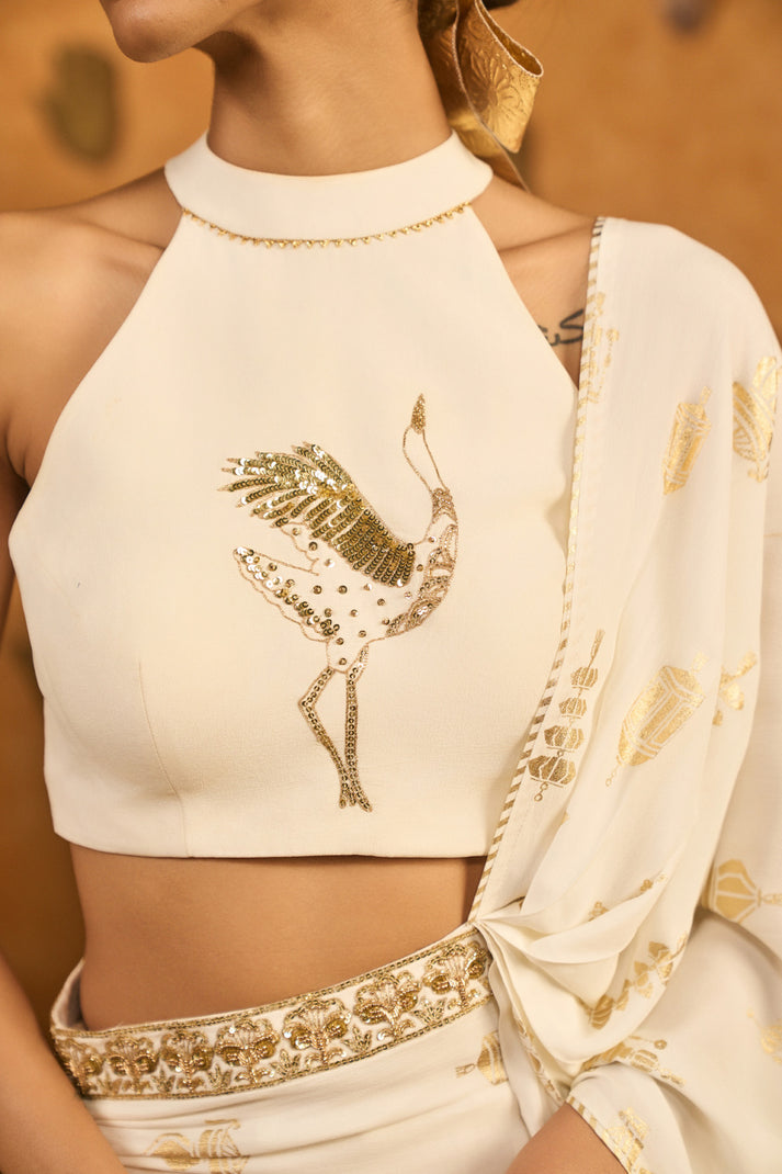 Ivory Soft Lantern Sticthed Saree - Ready to Ship