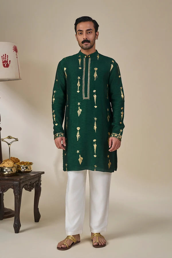 Bottle Green Kochi Conch Kurta Set