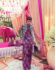 Blue Silk Embroidery Floral and Leaf Printed Jacket Kurta Set