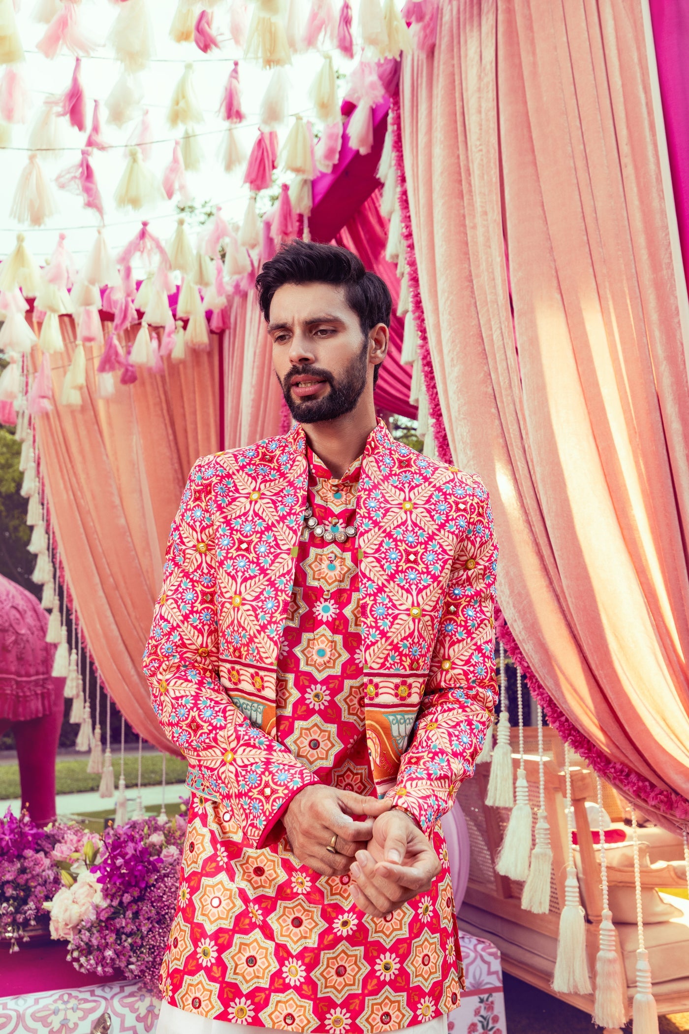 Red Silk Floral Print Jacket and Kurta Set