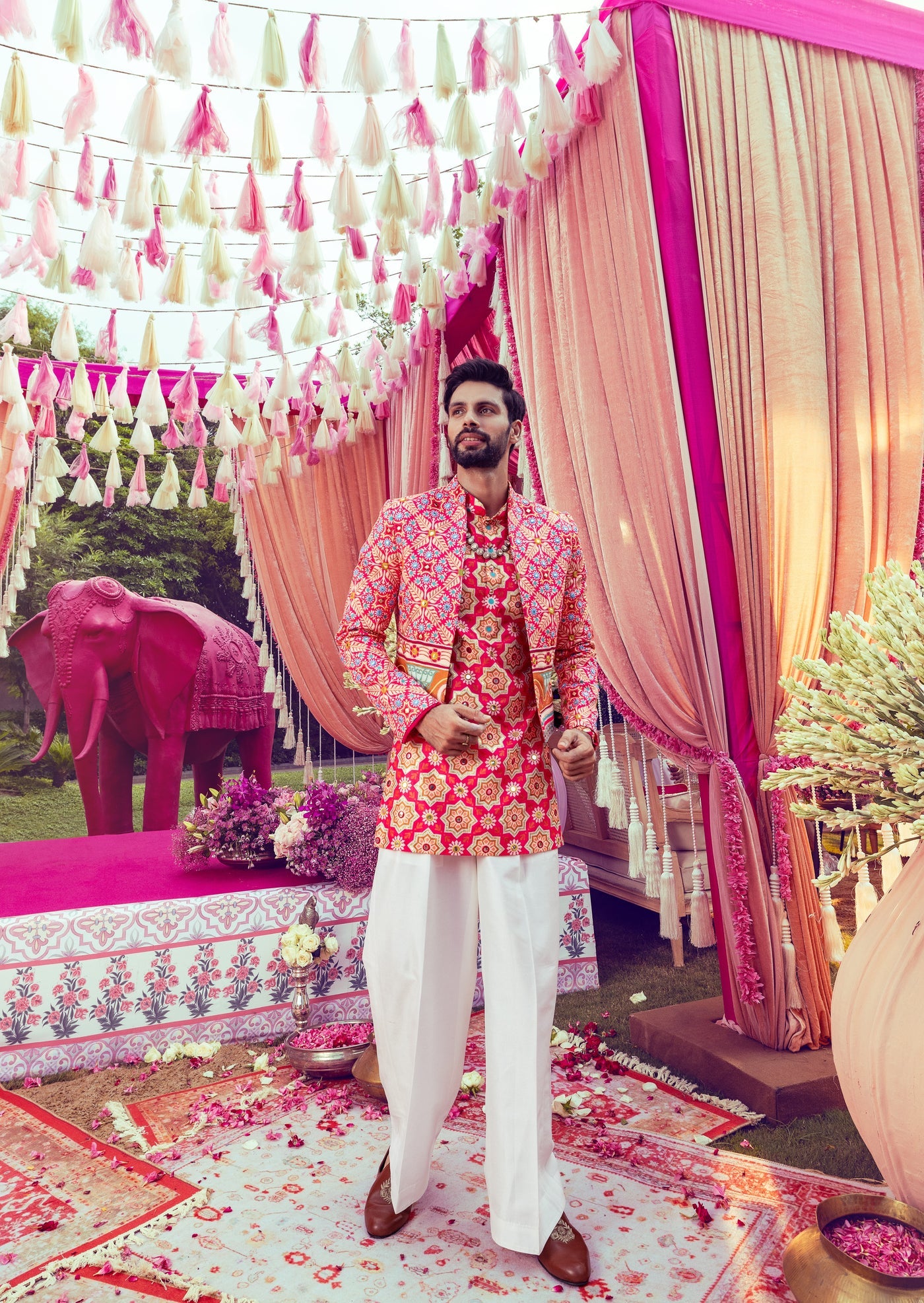 Red Silk Floral Print Jacket and Kurta Set