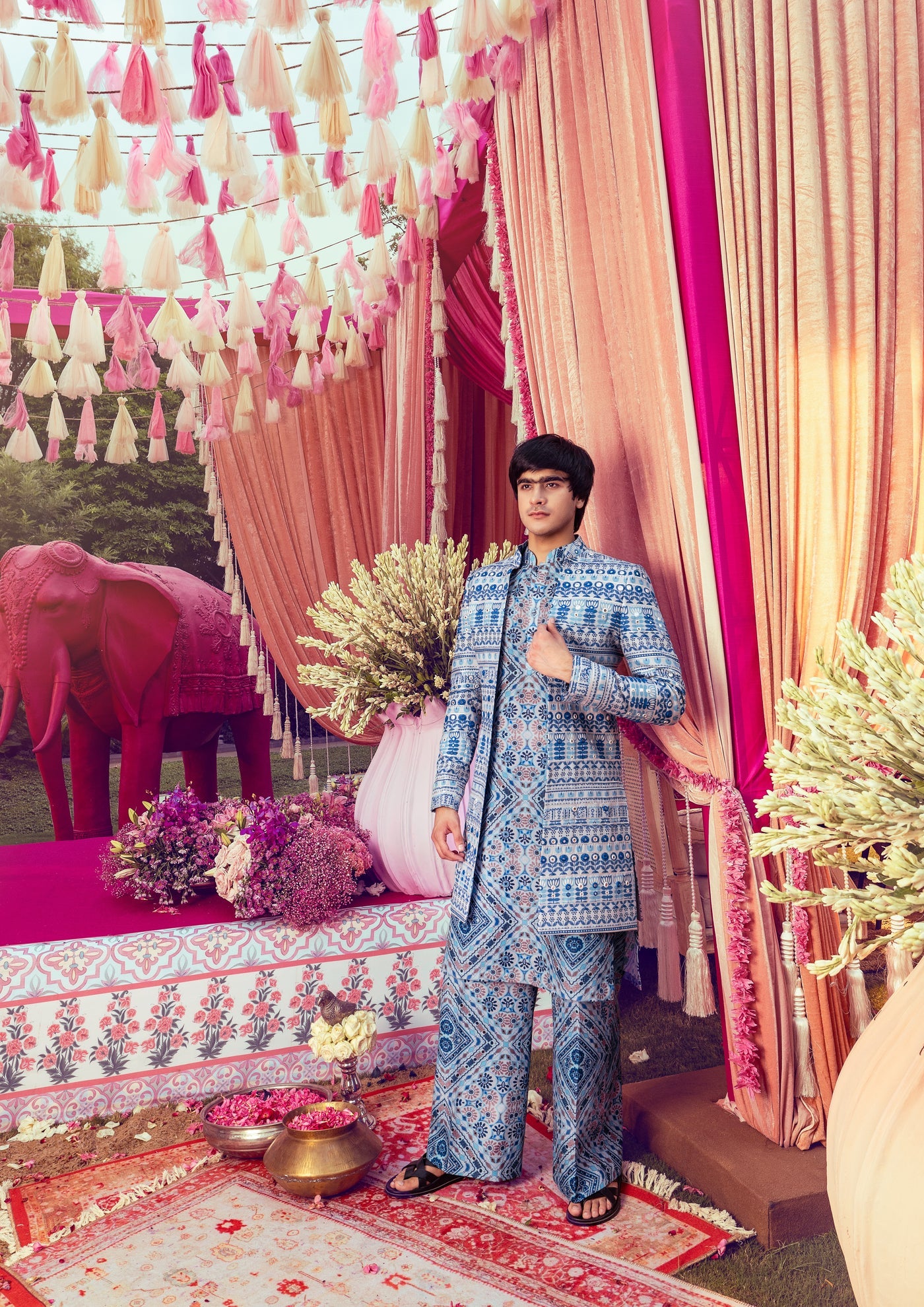 Blue Linen Embroidery Jacket &amp; Kurta Set