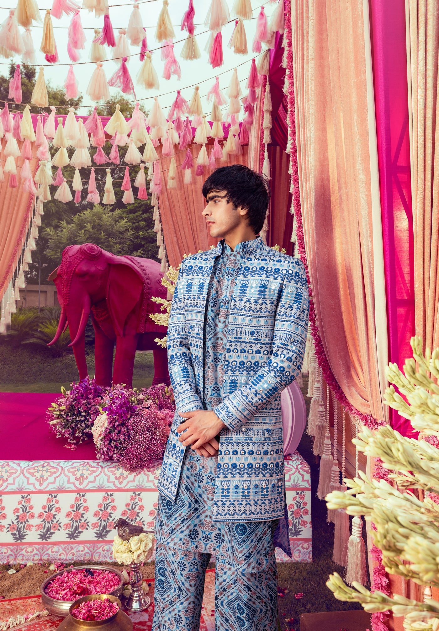 Blue Linen Embroidery Jacket &amp; Kurta Set