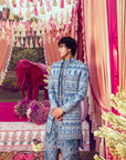 Blue Linen Embroidery Jacket & Kurta Set
