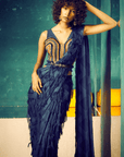 Navy Blue Fringes Saree with Embroidered Corset