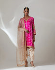 Fuschia Pink Silk Bandhani Kurta With Tulip Pants Set