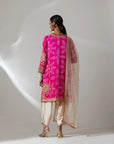 Fuschia Pink Silk Bandhani Kurta With Tulip Pants Set