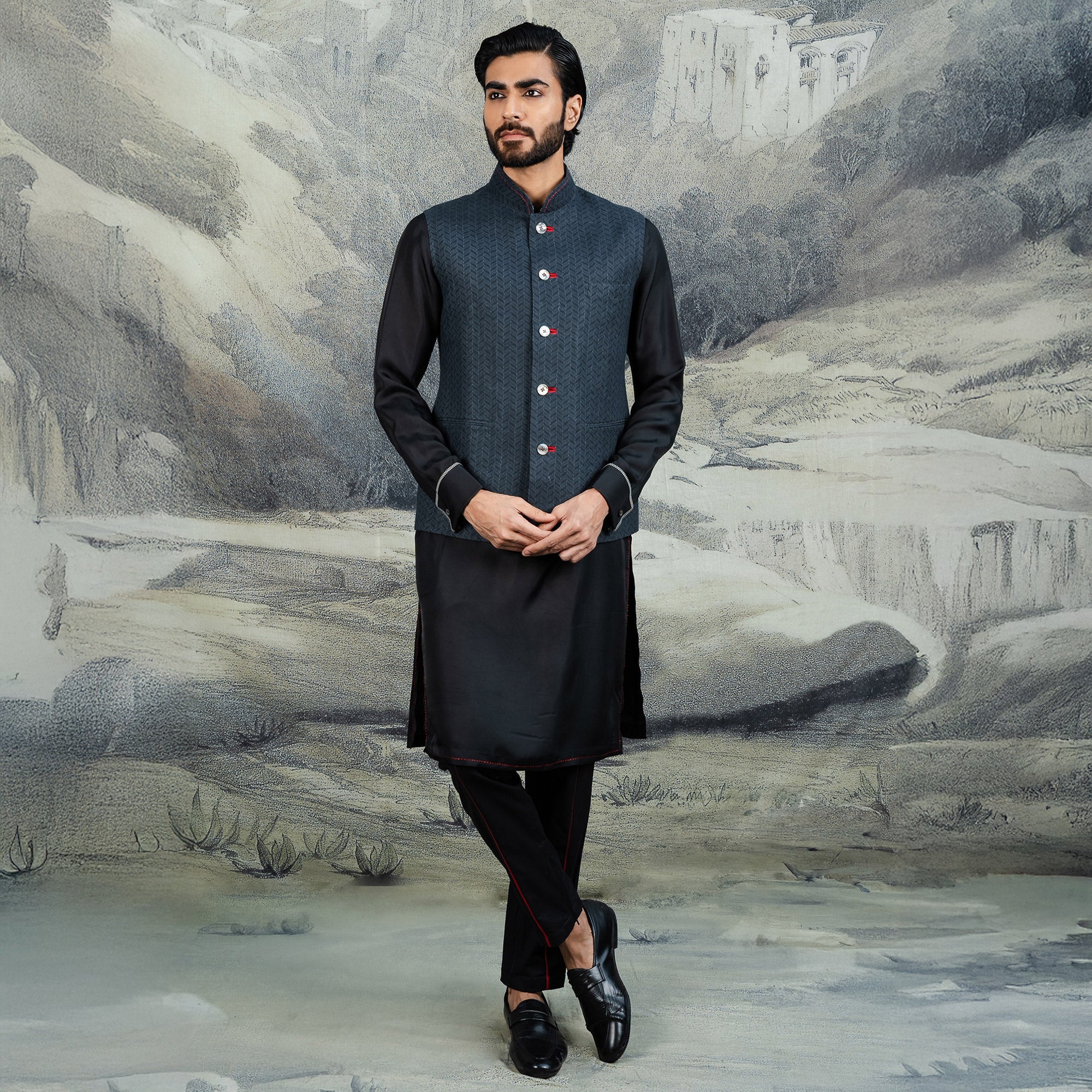 Navy Blue Chevron Nehru Jacket