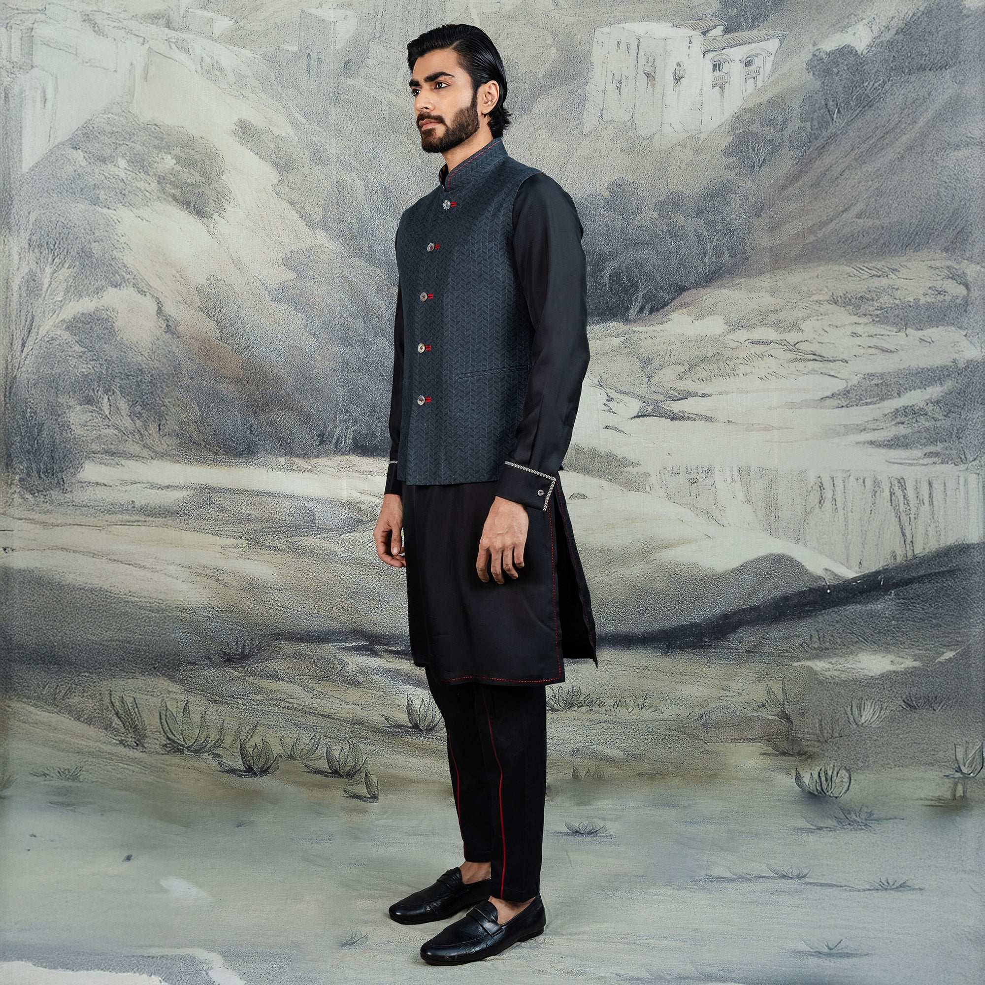 Navy Blue Chevron Nehru Jacket