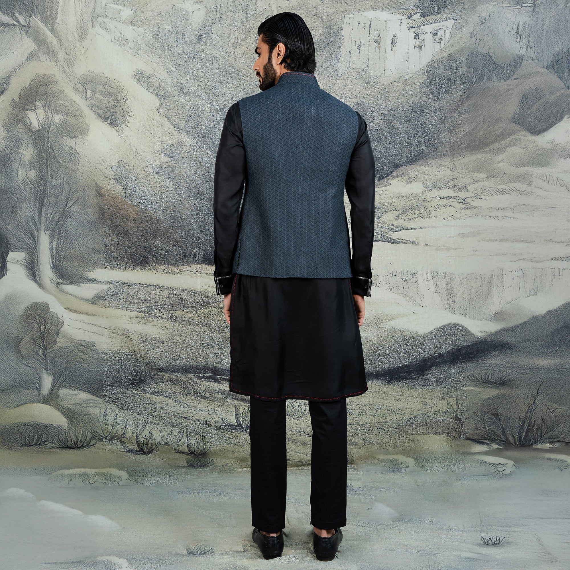 Navy Blue Chevron Nehru Jacket