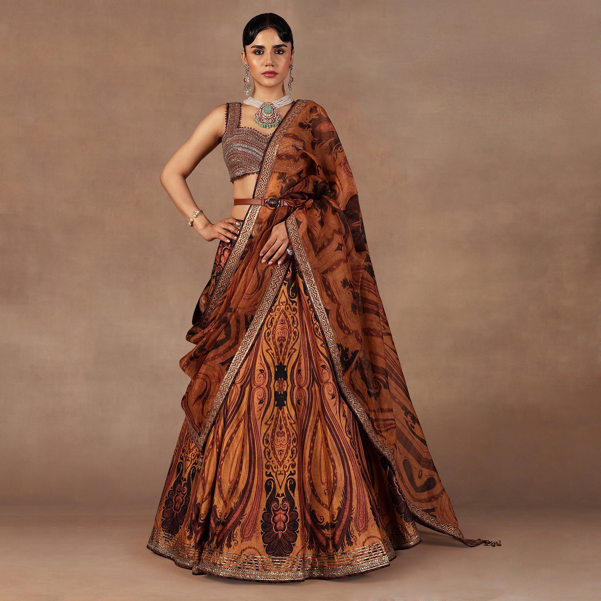 Ochre Mustard Jamawar Skirt Set