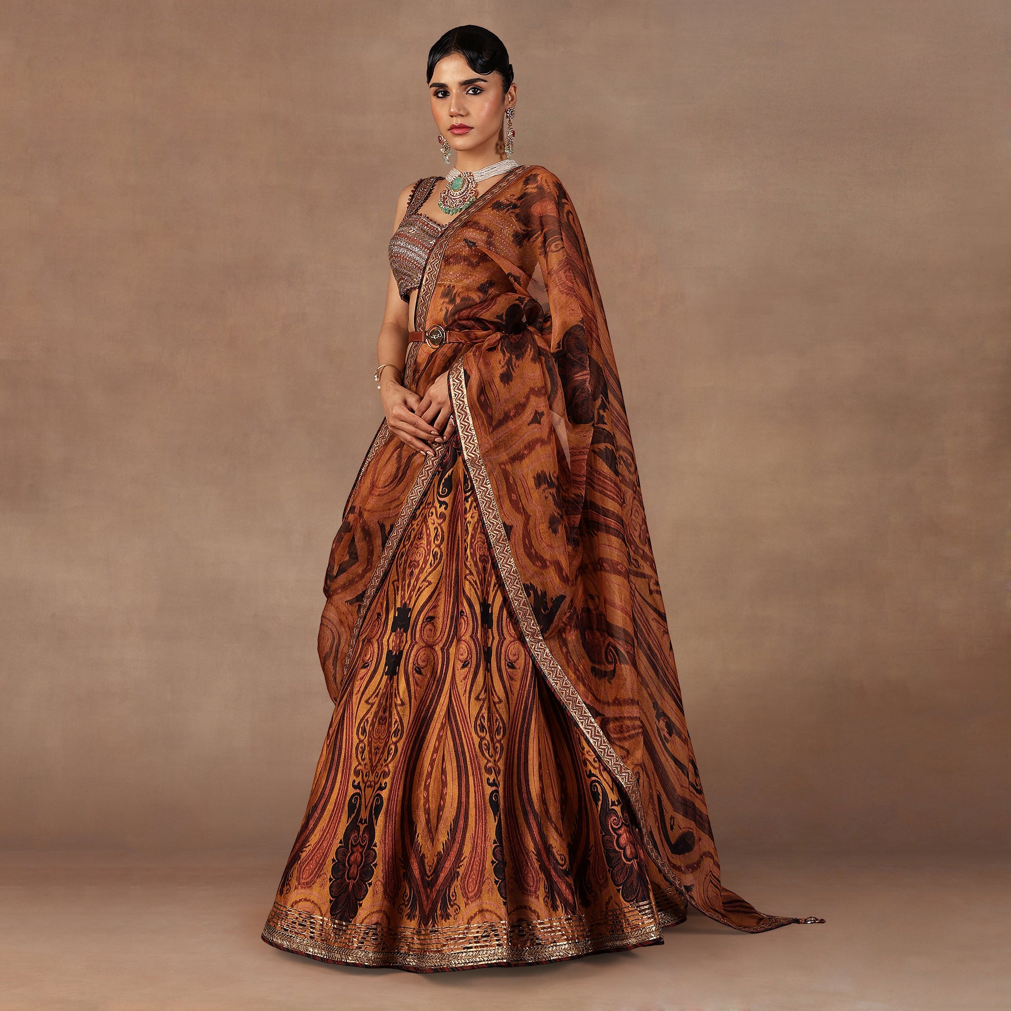 Ochre Mustard Jamawar Skirt Set