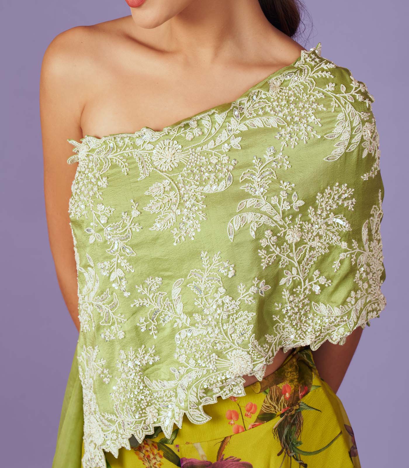 Pearl Work One Shoulder Cape Set