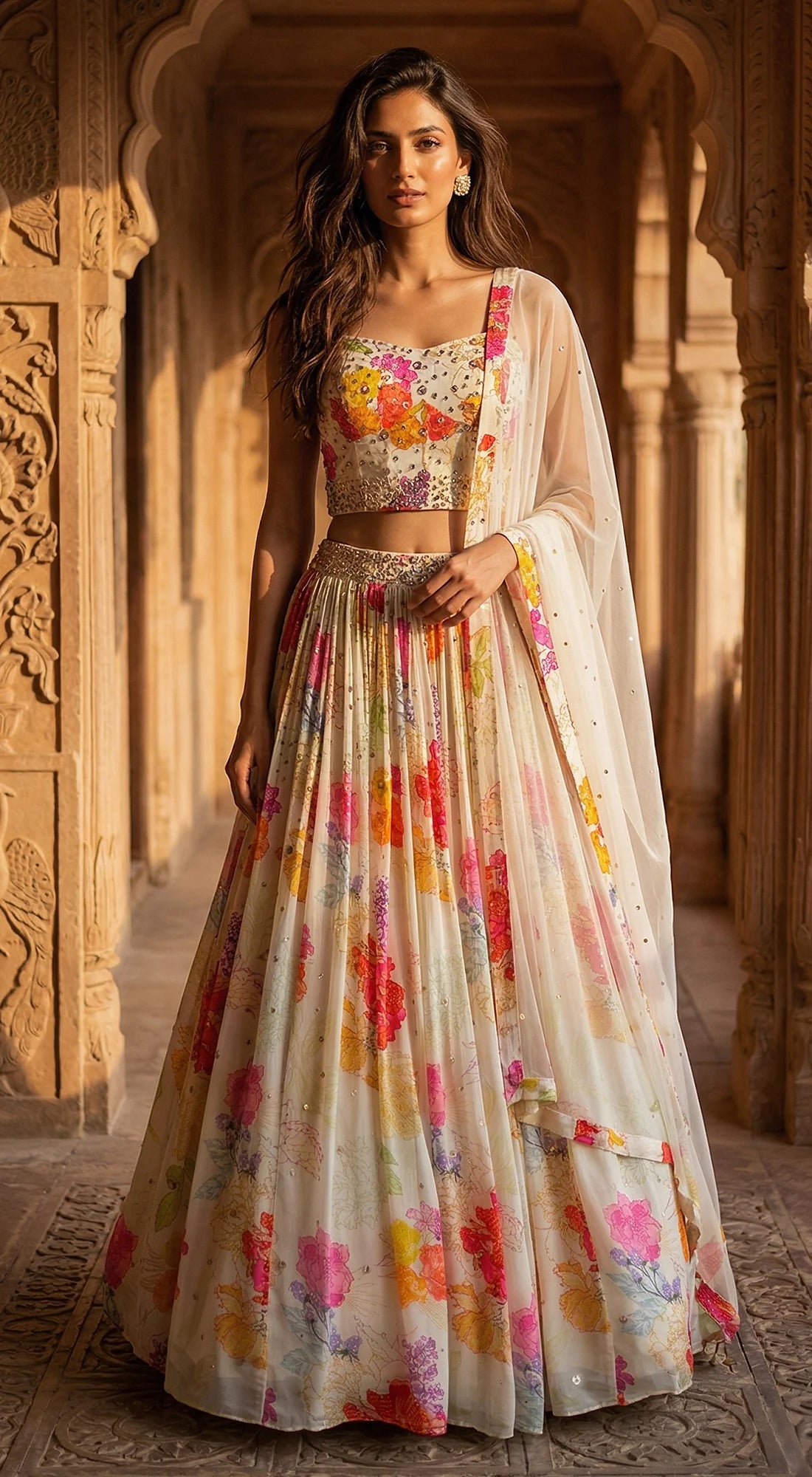 Ivory Georgette Embroidered Lehenga Set - Ready to Ship