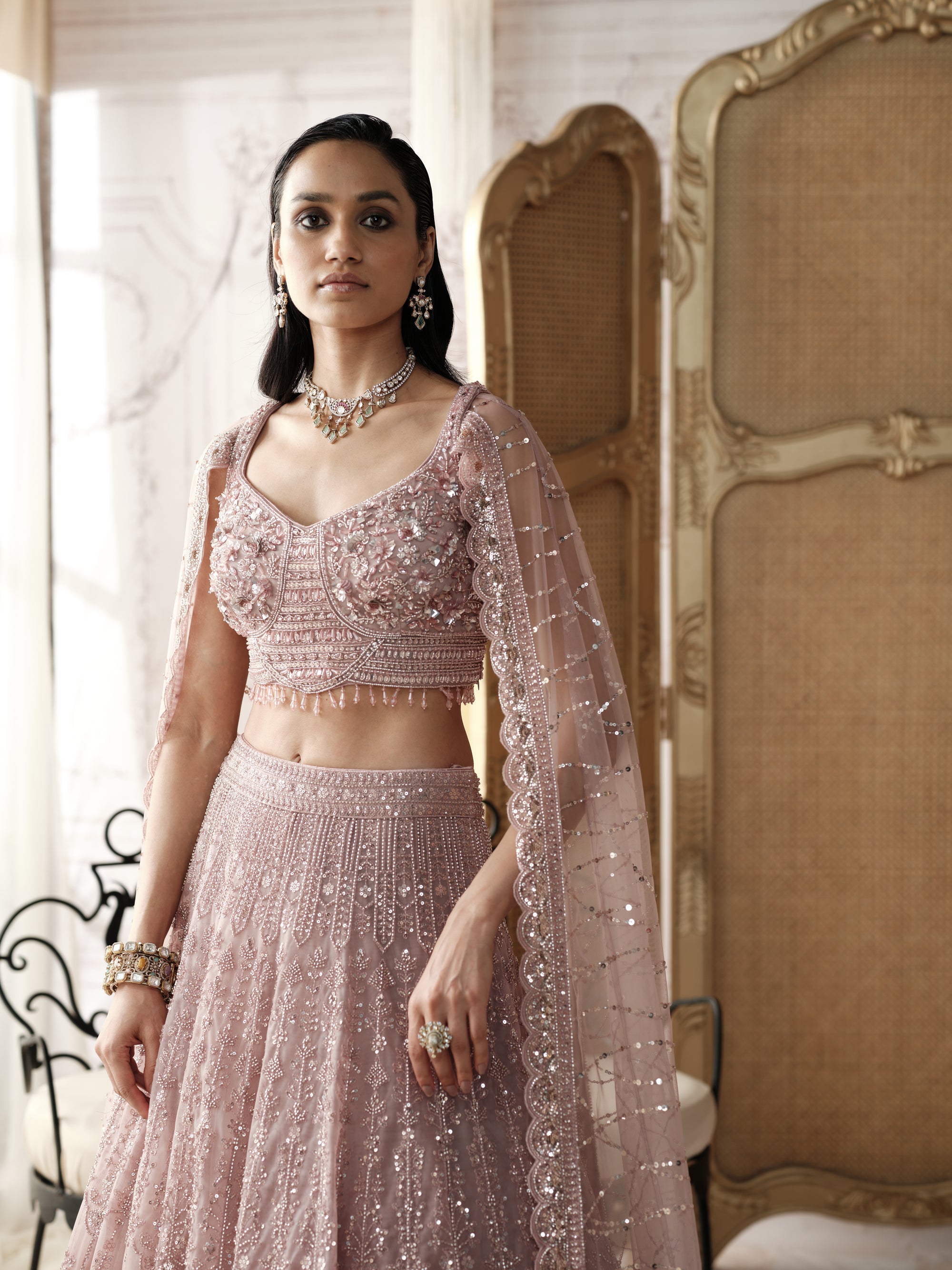Champagne Blush Embroidered Lehenga Set
