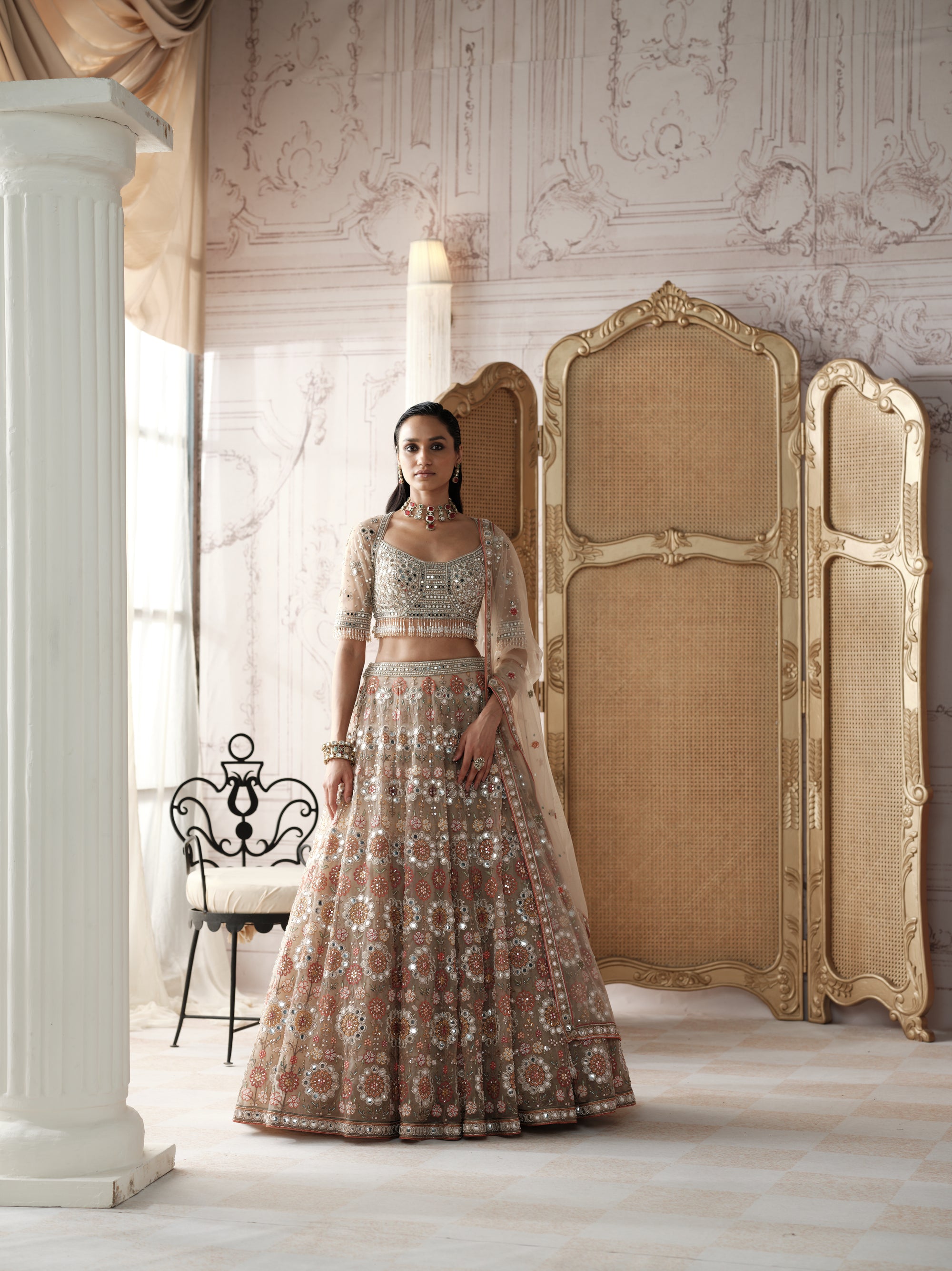 Champagne Mosaic Embroidered Lehenga Set