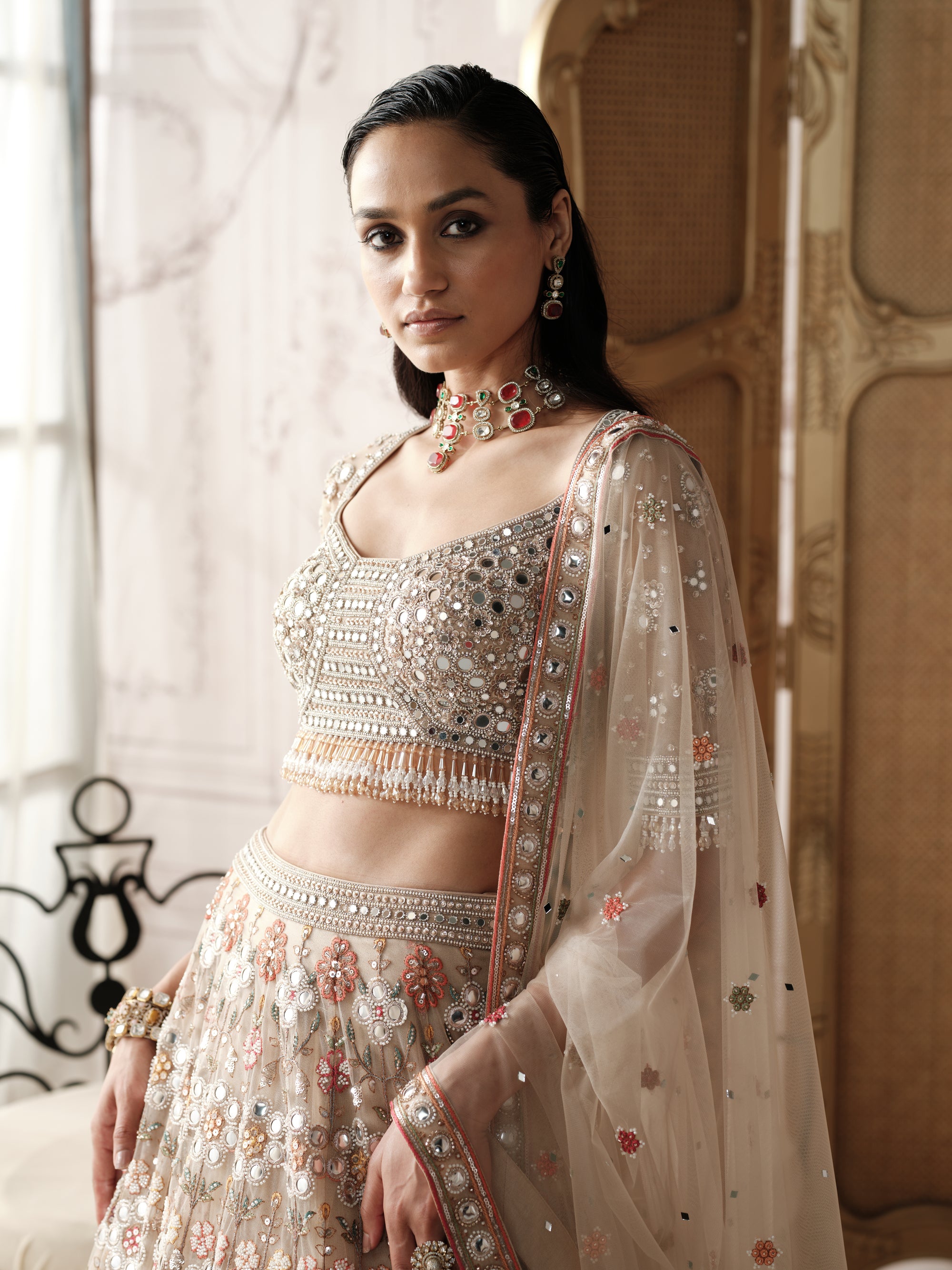 Champagne Mosaic Embroidered Lehenga Set
