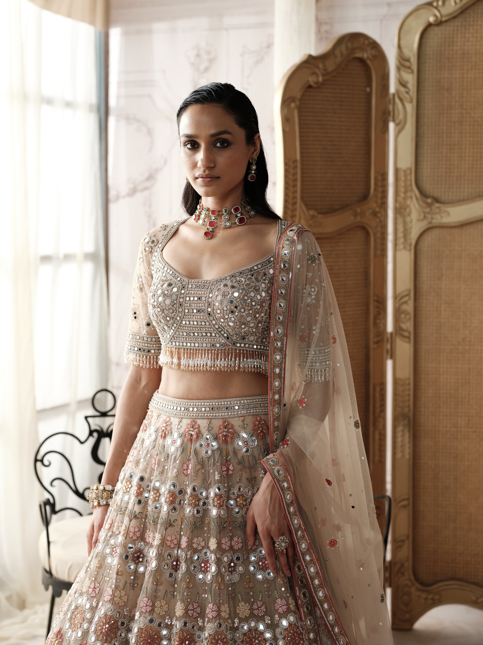 Champagne Mosaic Embroidered Lehenga Set