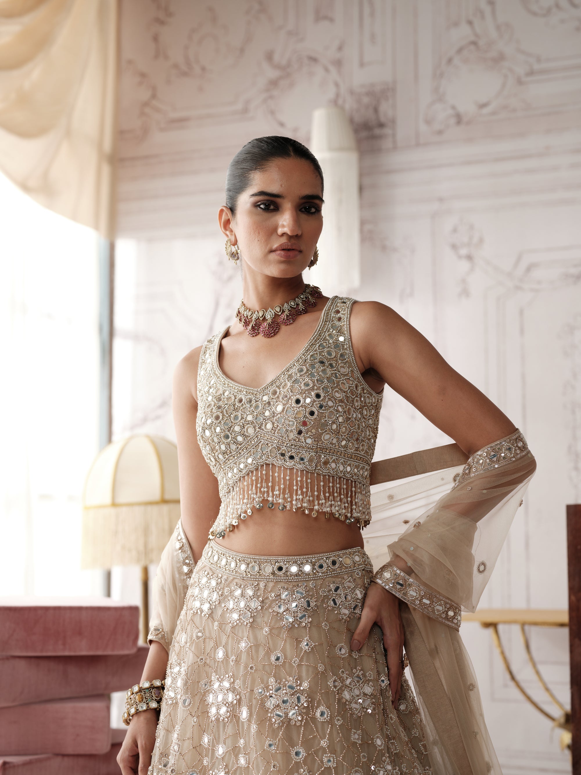 Champagne Radiance Embroidered Lehenga Set