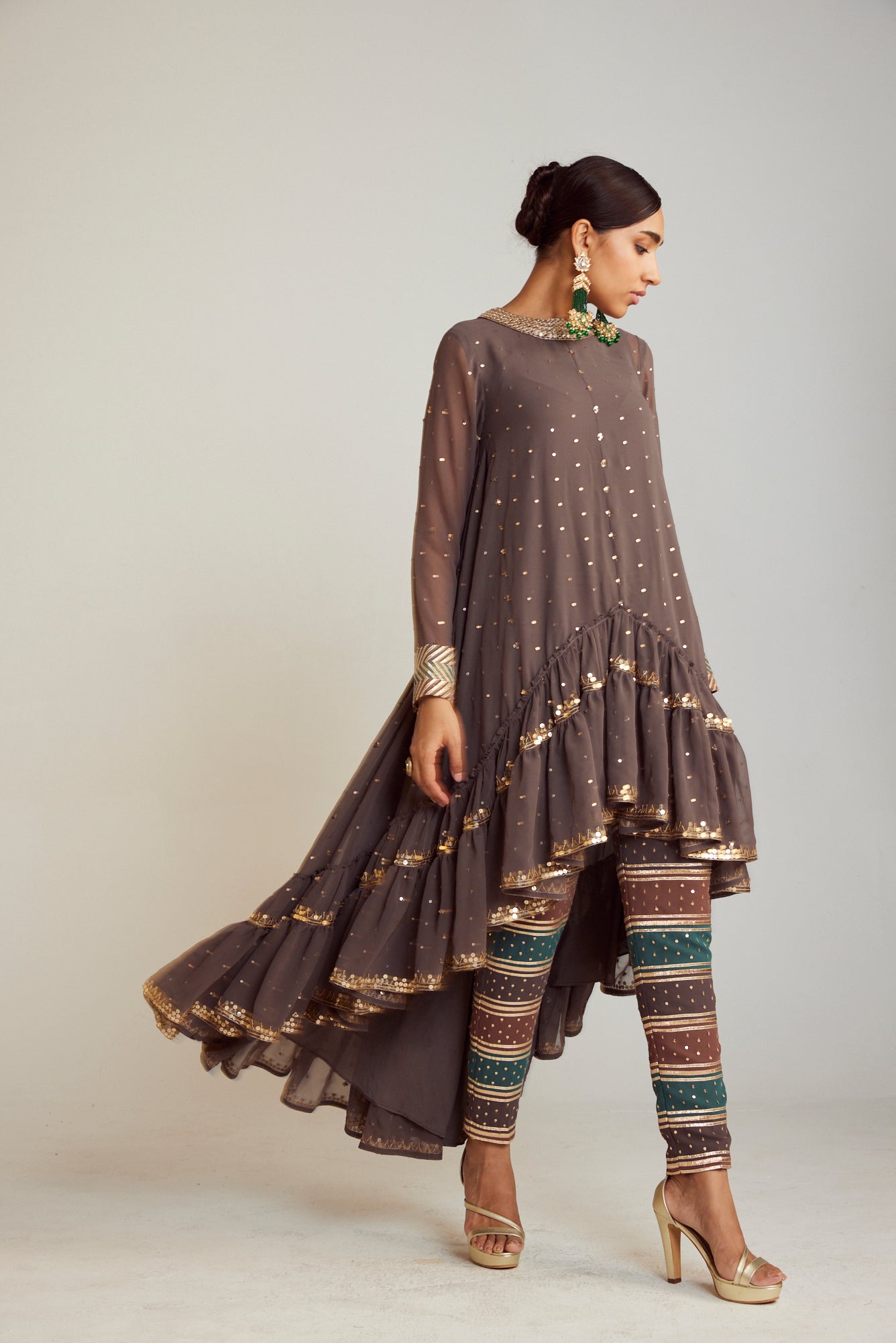 Charcoal Grey Round Neck Asymmetrical Kurta Pant Set
