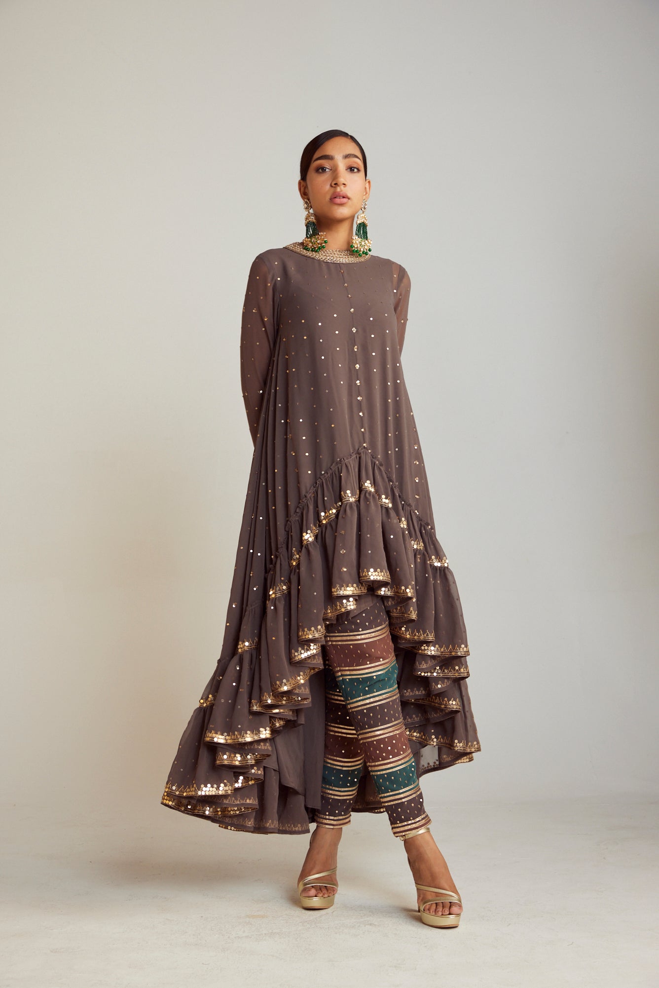 Charcoal Grey Round Neck Asymmetrical Kurta Pant Set