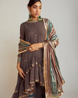Charcoal Grey Round Neck Asymmetrical Kurta Pant Set