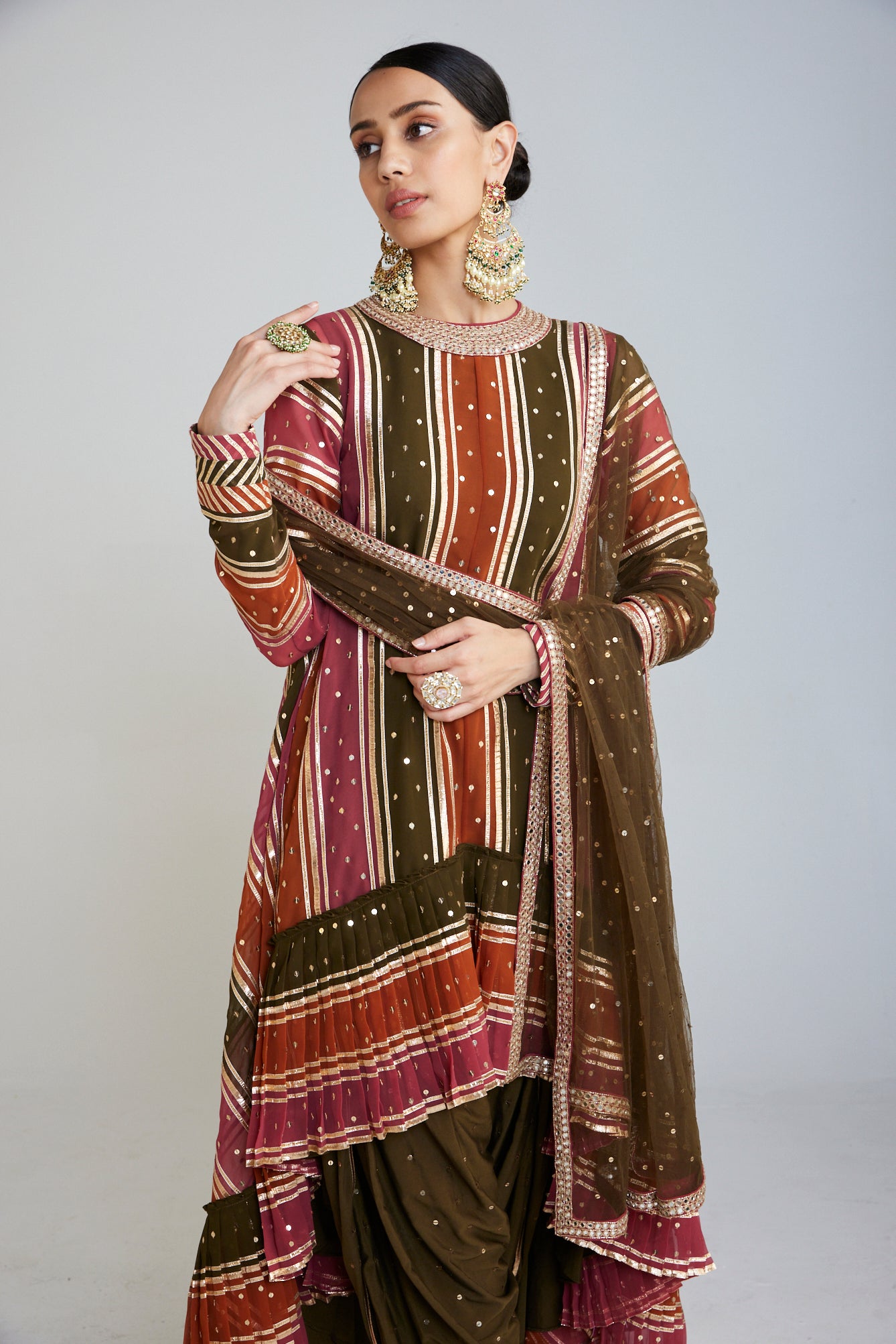 Olive Green Round Neck Asymmetrical Kurta Set