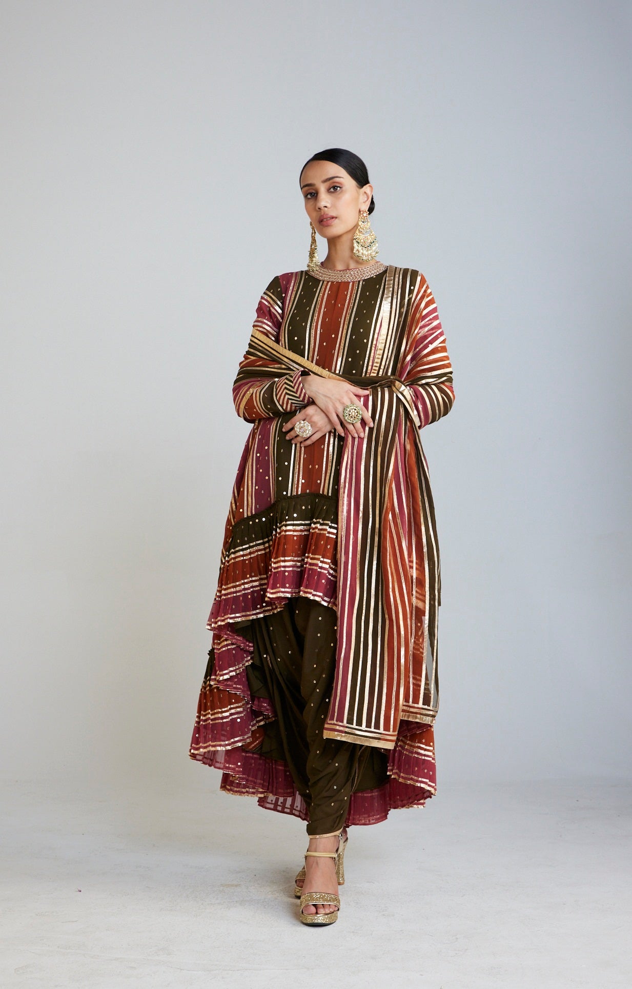 Olive Green Asymmetrical Kurta Dhoti Set