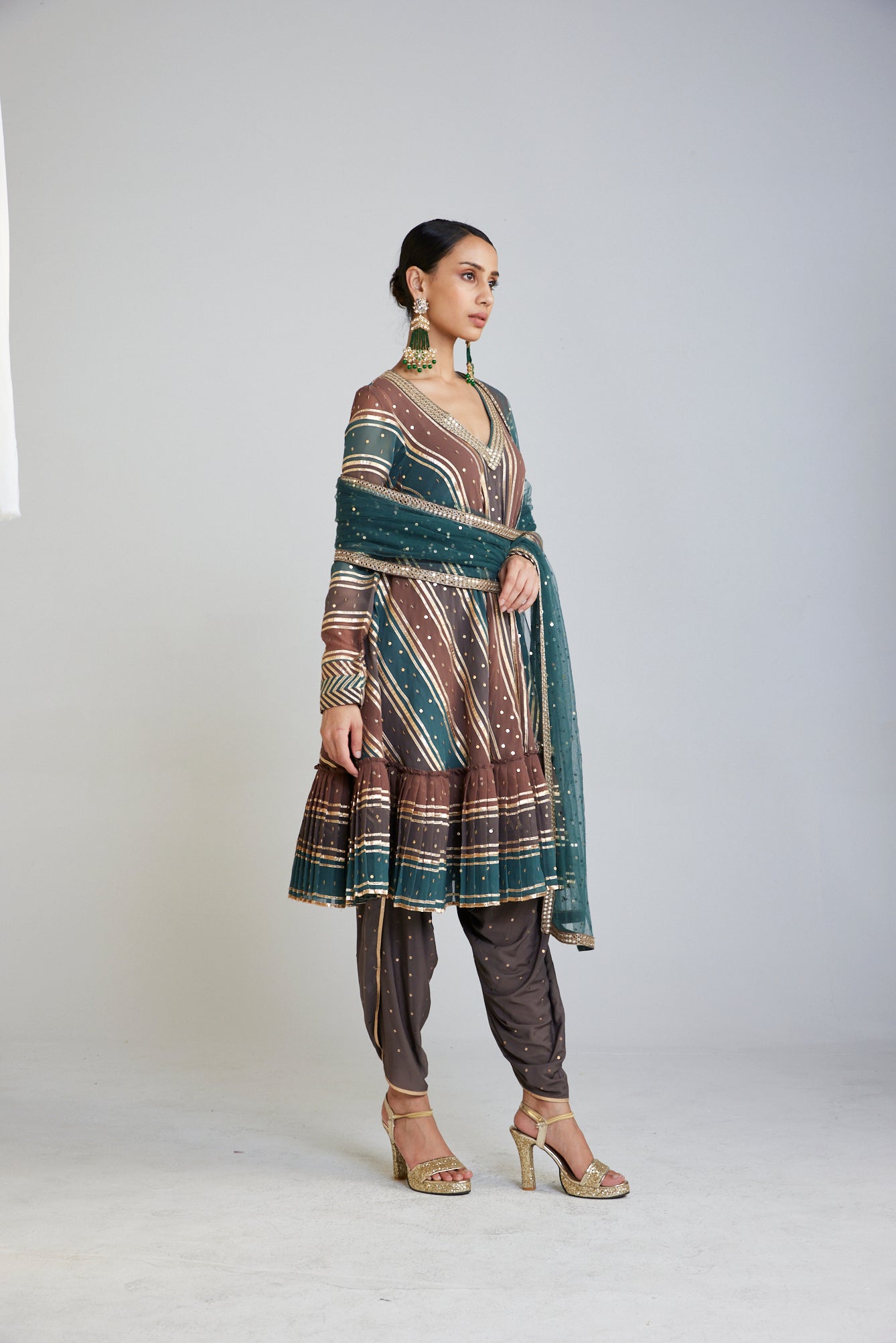 Mud Green V Neck A Line Dhoti Kurta Set