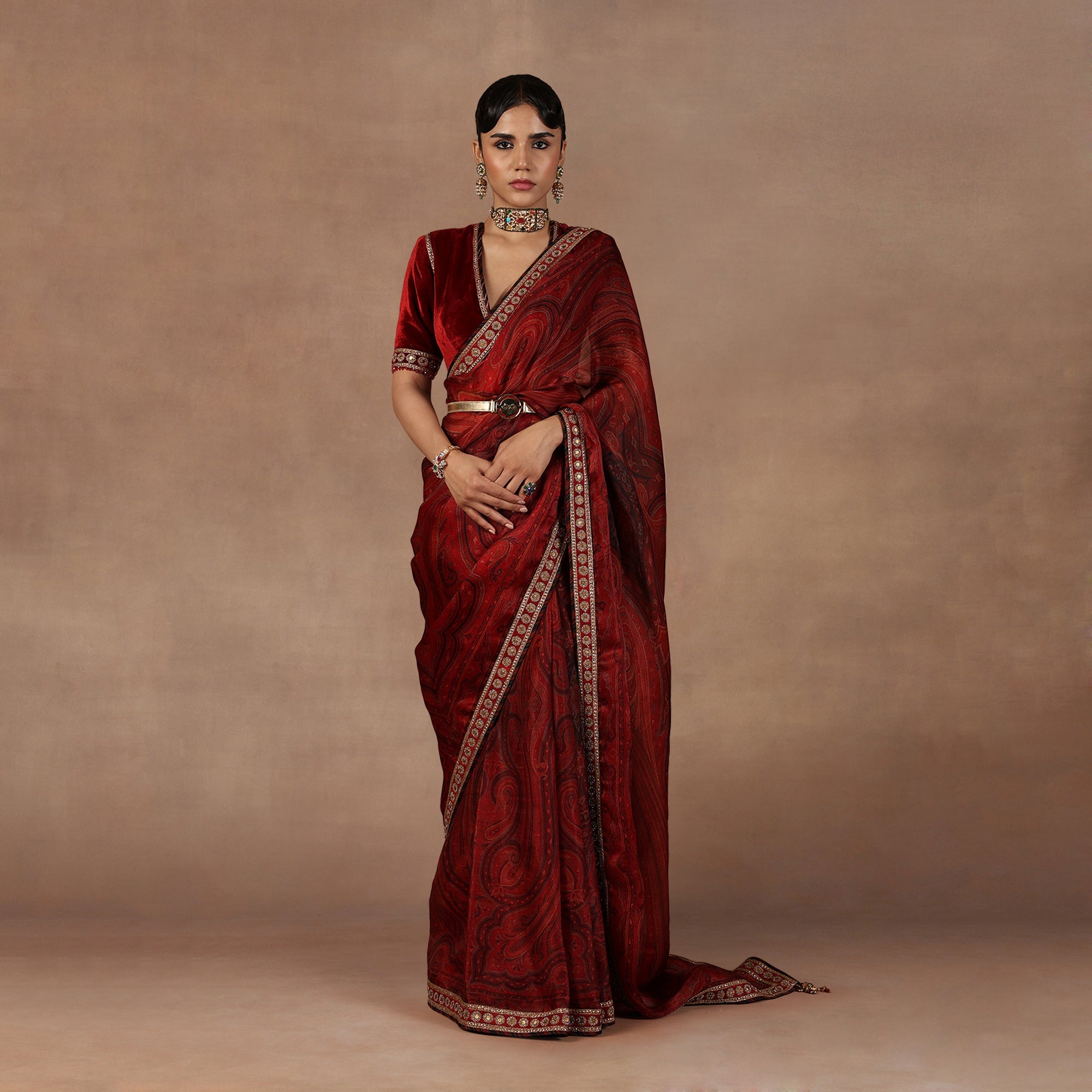Red Jamawar Saree Set