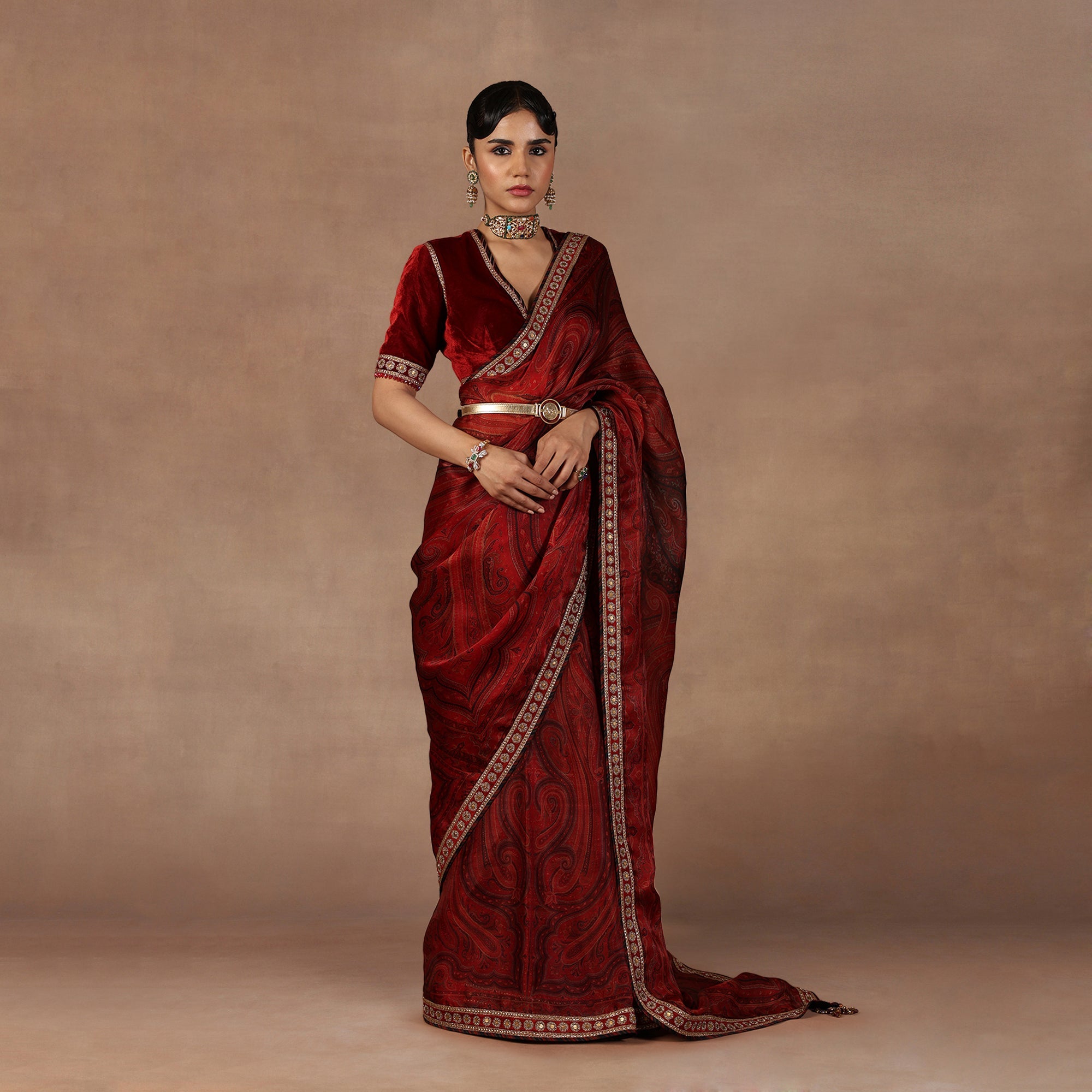 Red Jamawar Saree Set