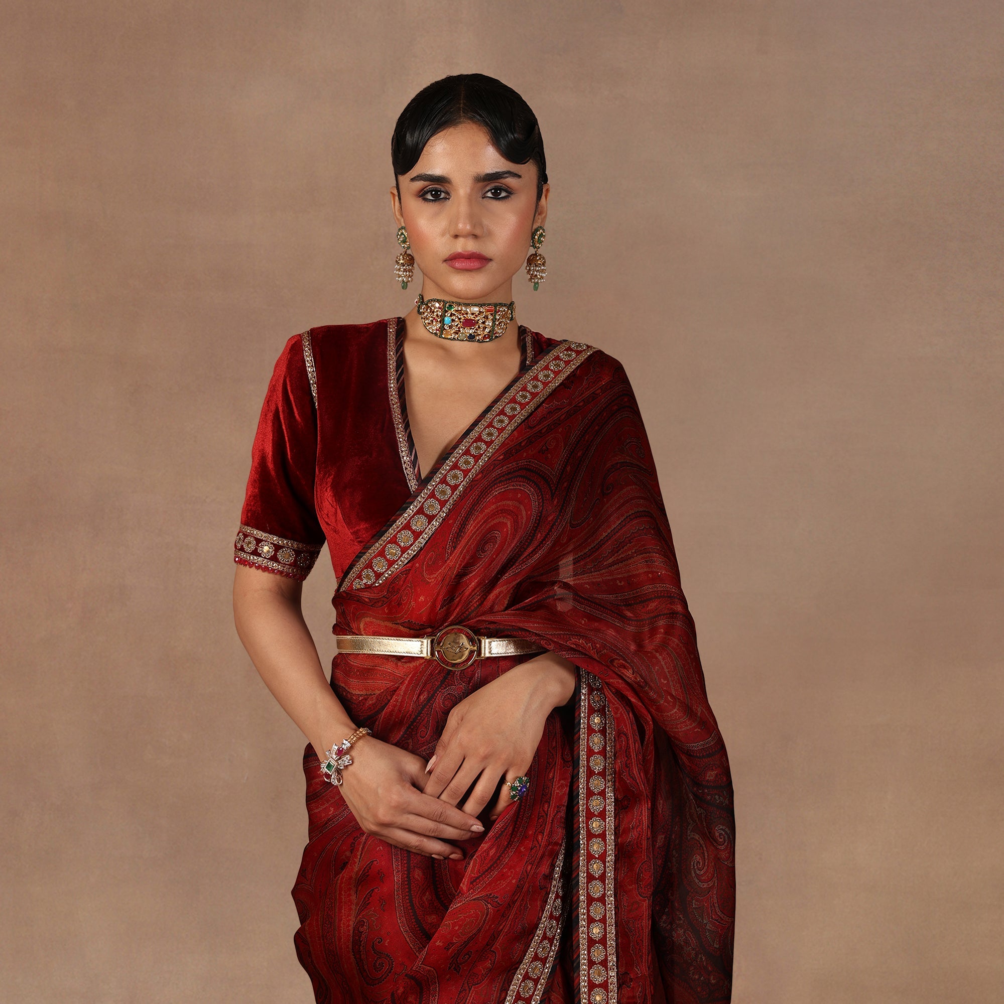 Red Jamawar Saree Set