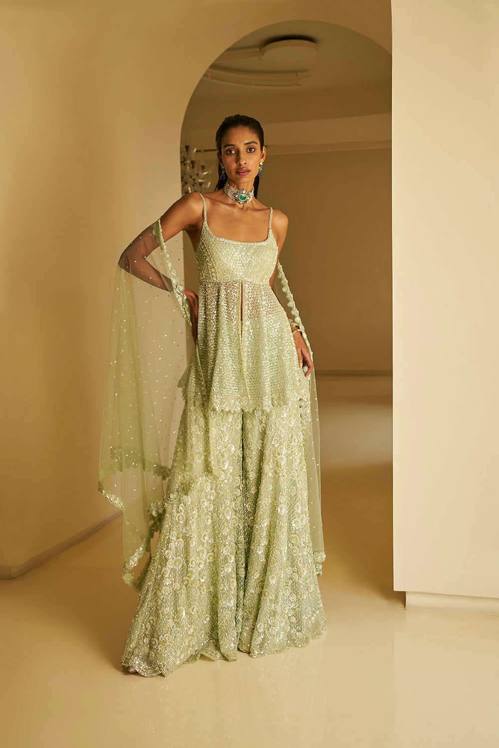 Mint Green Sequin Sharara Set- Ready To Ship