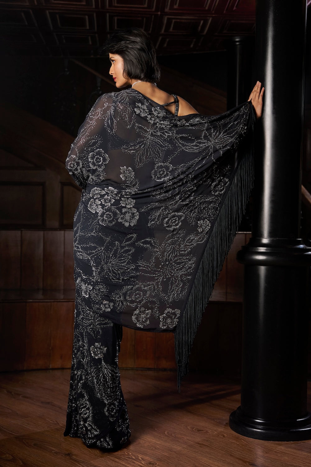 Steel Blue Crystal Georgette Saree