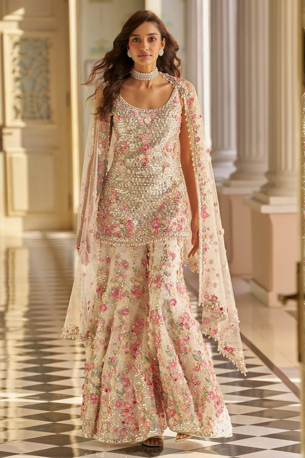 Ivory Multi-Coloured Three-Dimensional Sharara Set Full