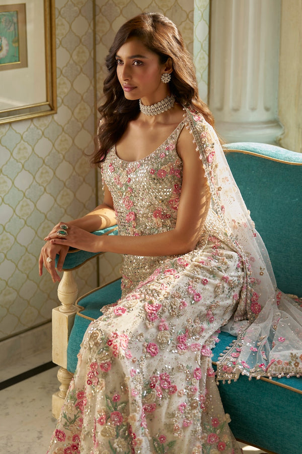 Ivory Multi-Coloured Three-Dimensional Sharara Set Details