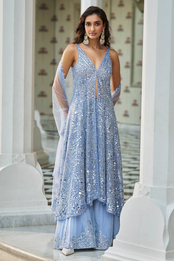 Blue Mirror Work Jacket Sharara Set Full