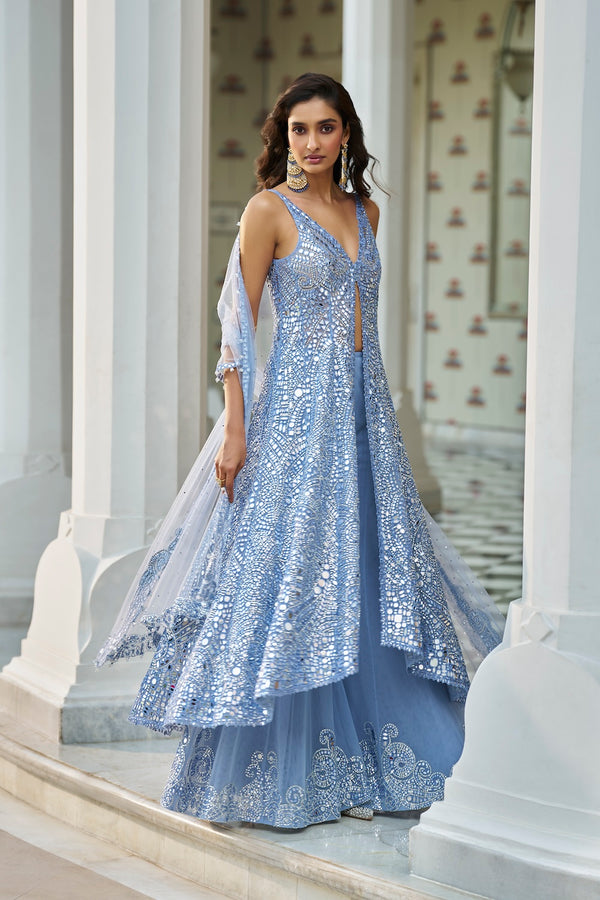 Blue Mirror Work Jacket Sharara Set Full 2