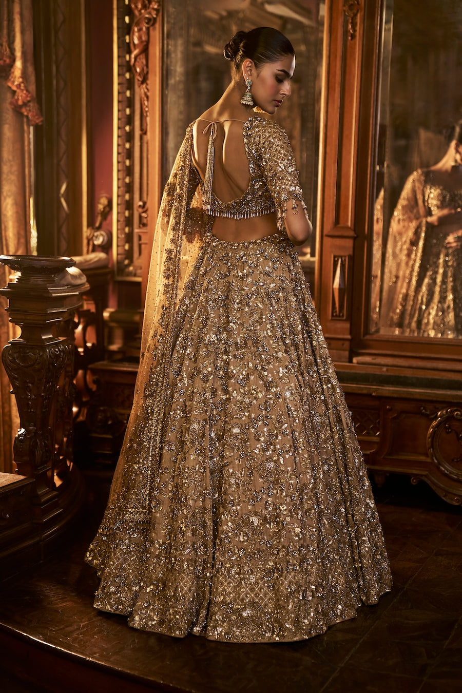 Sunny's Bridal - Seema Gujral - Antique Gold Tissue Lehenga Set - Falaknuma  by Seema Gujral