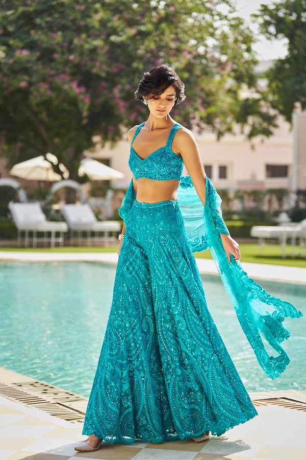 Turquoise Paisley Sharara Set Full 2