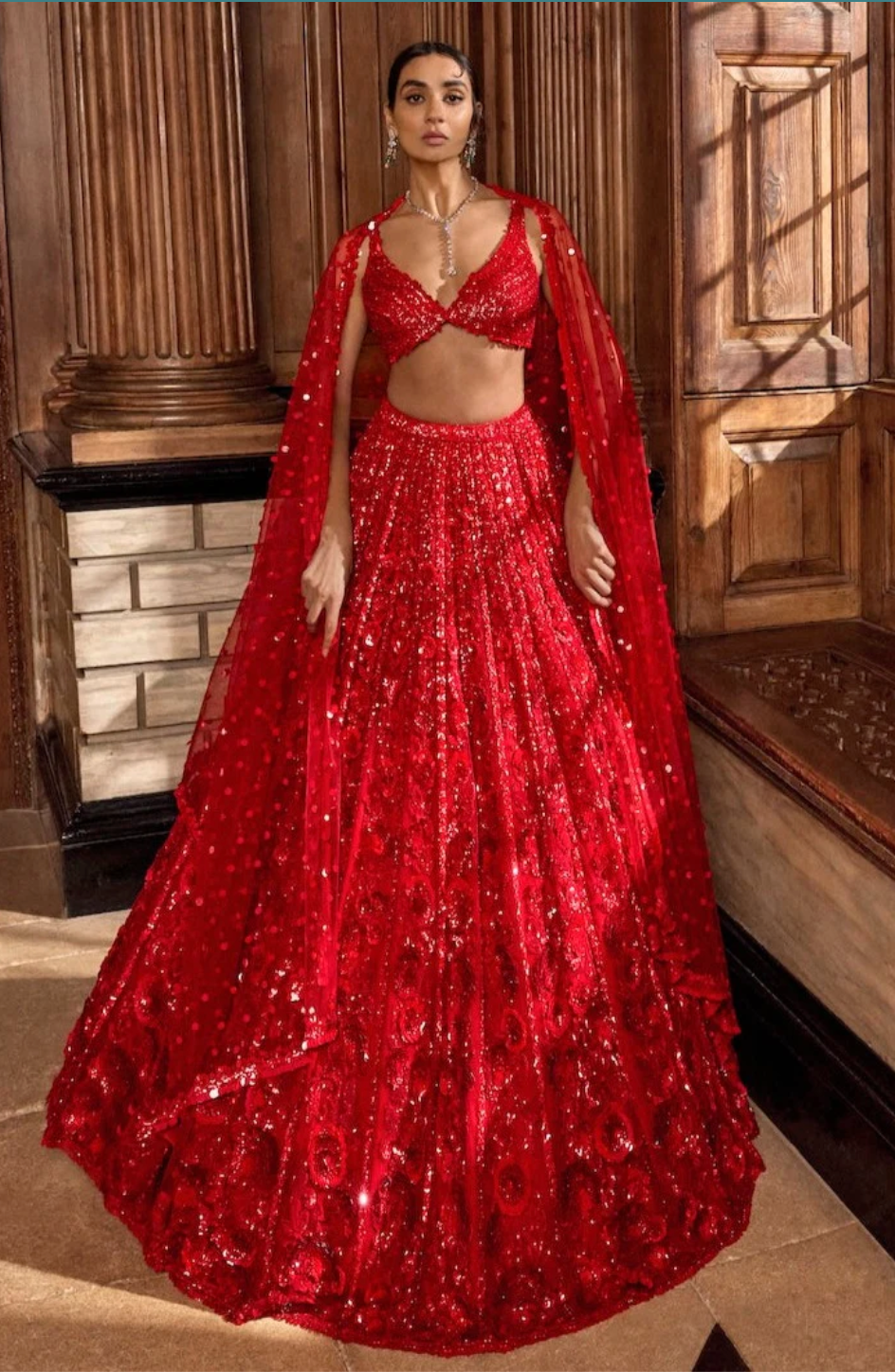 Red Floral Sequin Lehenga Set 2