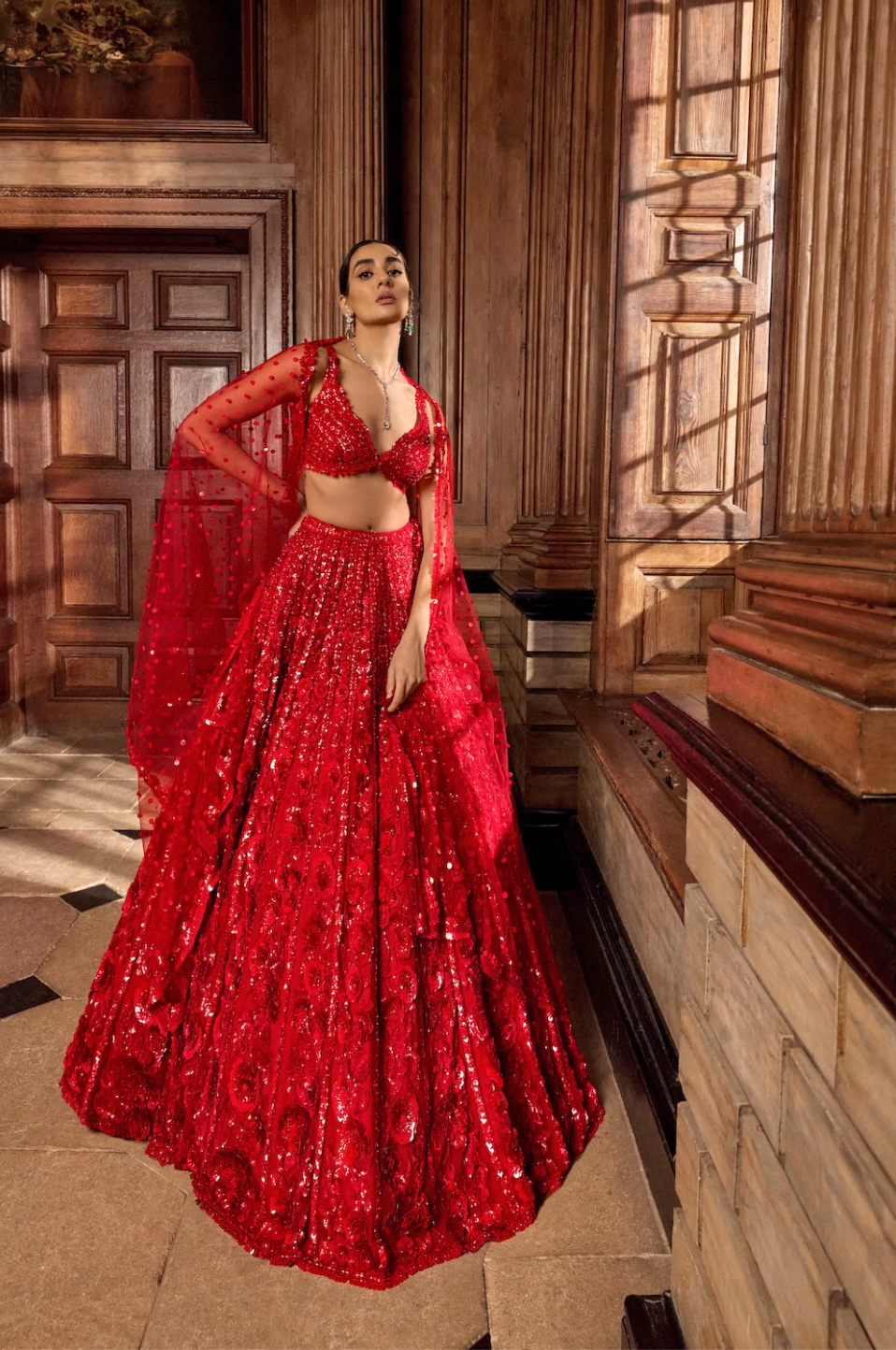 Red Floral Sequin Lehenga Set 1